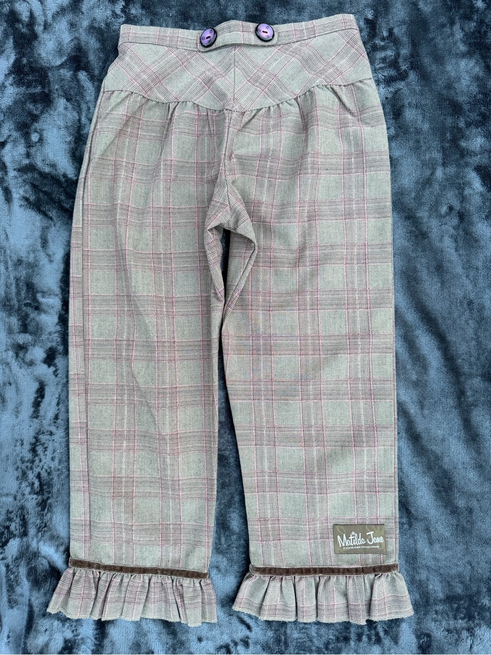 Matilda Jane Big Ruffles Plaid Pants Size 8 Purple Button Velvet Fall Trousers